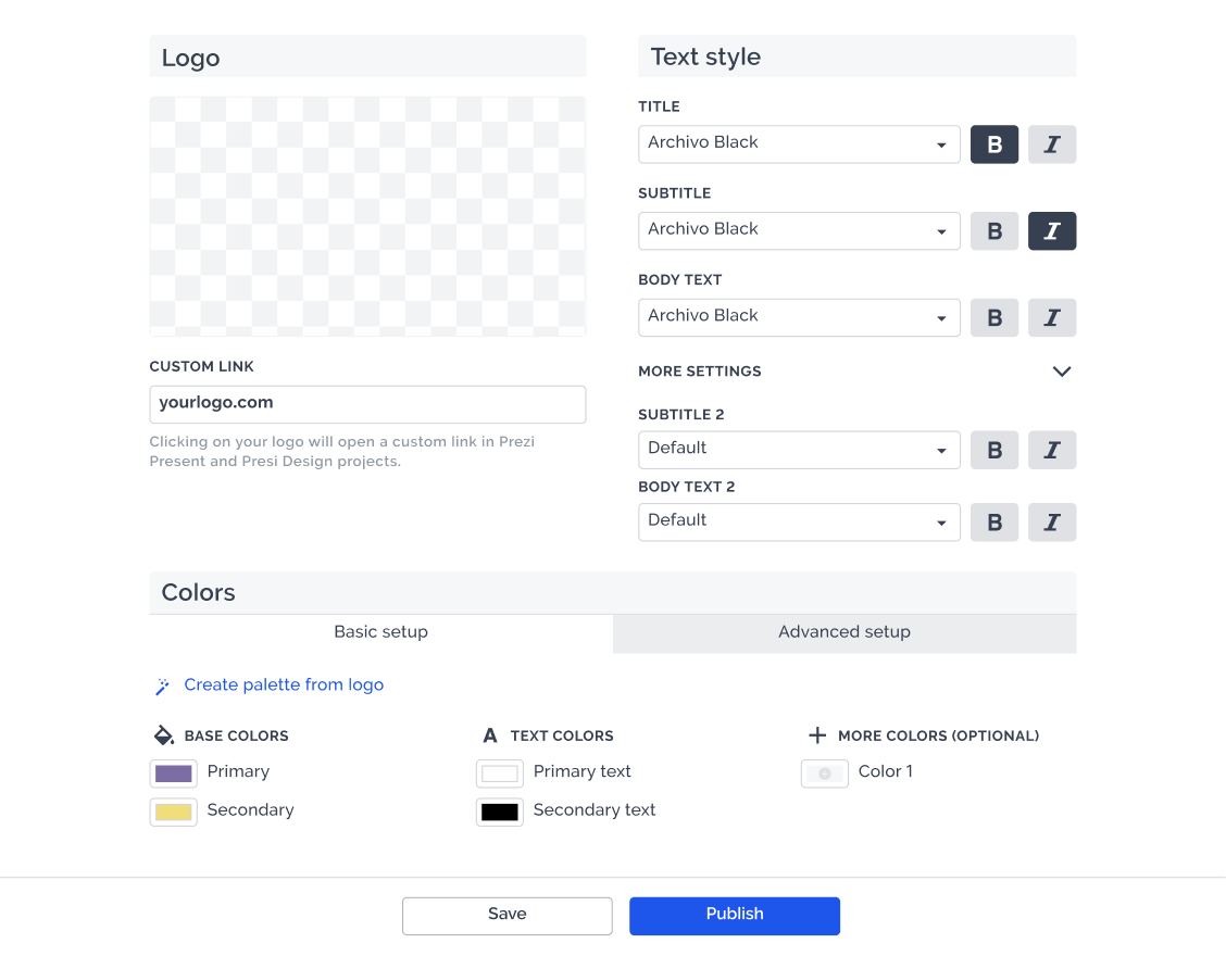 interface showing style options for brand kit