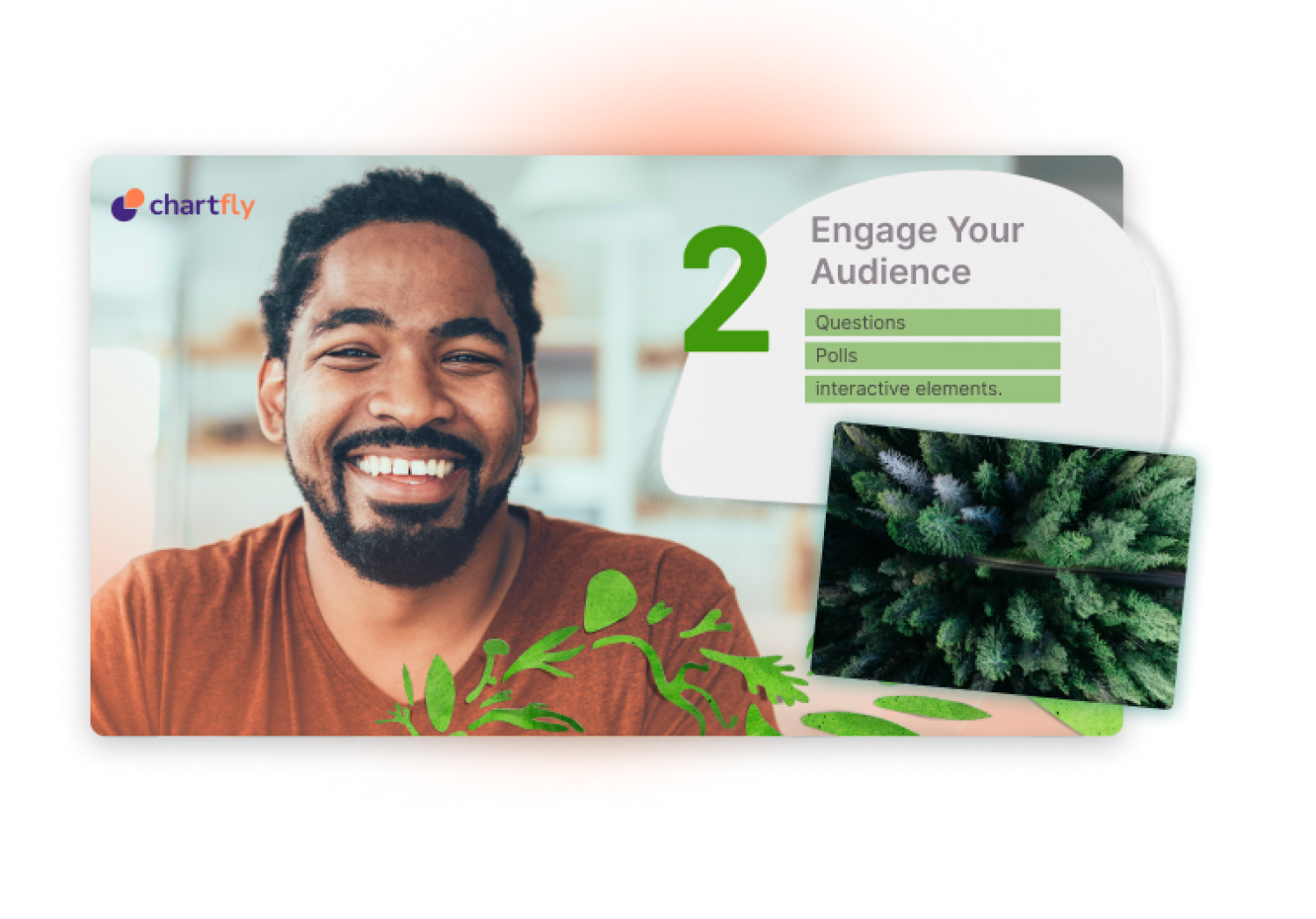 Smiling man with beard in brown shirt alongside text about engaging your audience with questions, polls, and interactive elements and an aerial view of a forest.