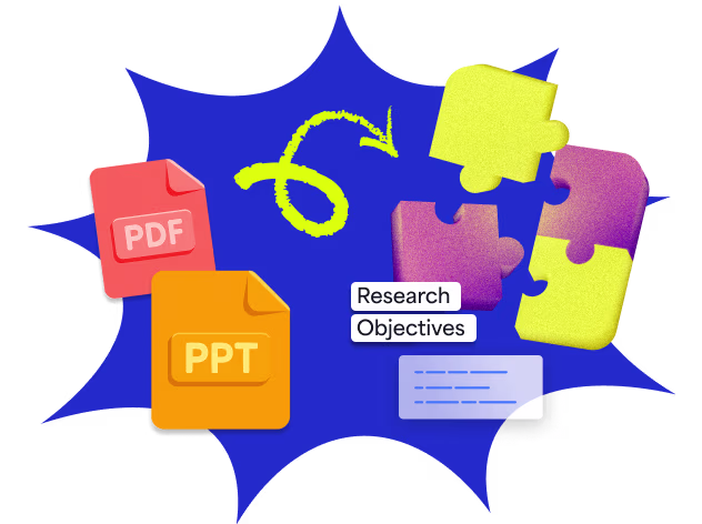 Illustration showing PDF and PPT file icons transforming into colorful interlocking puzzle pieces labeled 'Research Objectives', representing the process of transforming documents into a structured Prezi presentation.