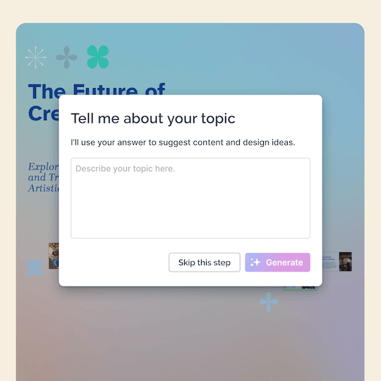 Process of adding an AI prompt, adjusting colors, and switching to presentation mode.