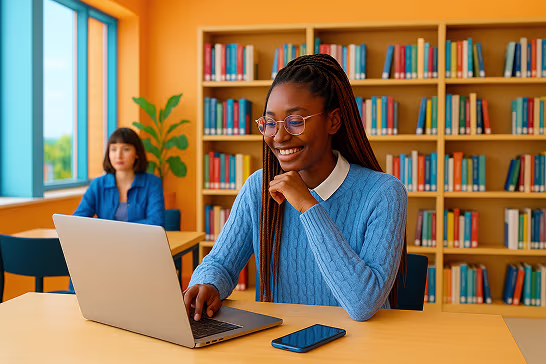 Smiling student in a blue sweater working on a laptop in a library, with another woman sitting in the background.