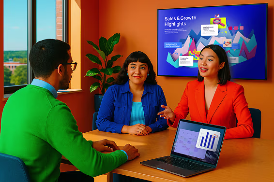 Two women standing in front of a large screen giving a business presentation to a man with a laptop in front o f him