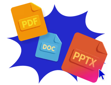 Floating file icons labeled PDF, DOC, and PPTX with a blue abstract shape background and a cursor pointer.