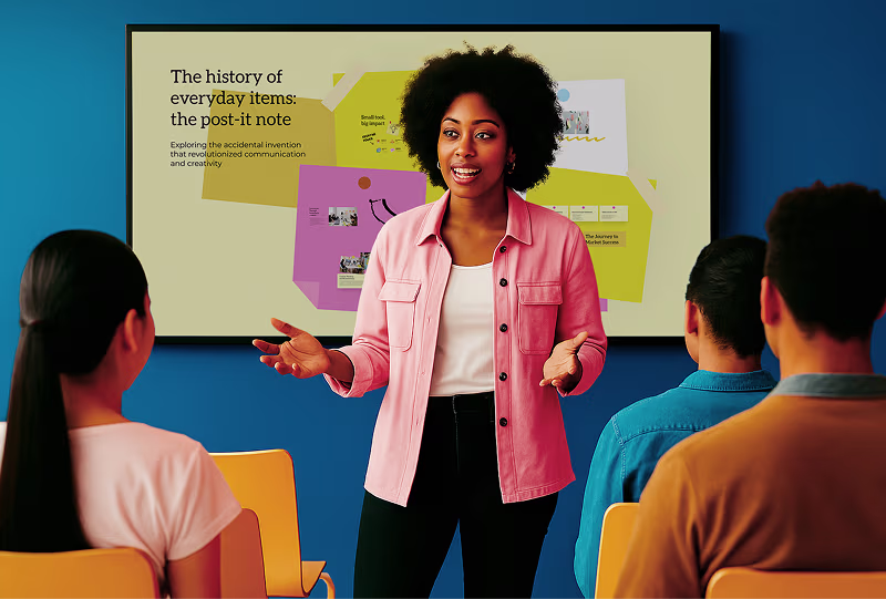 An educator presents a presentation made using Prezi to her classroom.