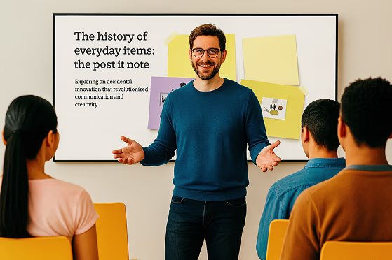 An educator presents a presentation made using Prezi to his classroom.