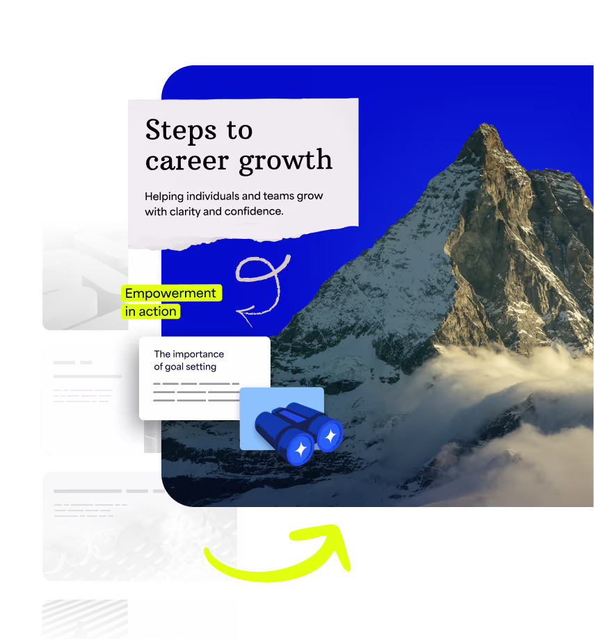 Collage with a mountain peak, text reading 'Steps to career growth' and 'Helping individuals and teams grow with clarity and confidence,' yellow highlights saying 'Empowerment in action,' and an illustration of binoculars and a yellow arrow.