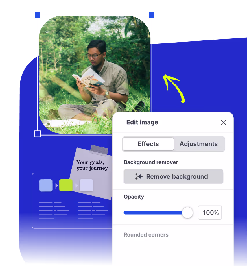 Screenshot of Prezi image editing tool showing options for effects, background removal, opacity set to 100%, and rounded corners, with a photo of a man reading outdoors.