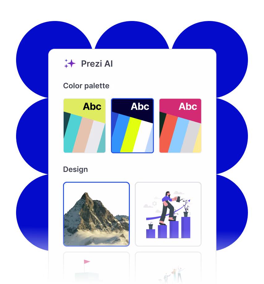 Prezi AI interface showing three color palette options and four design thumbnails including a mountain, a person watering plants on bar charts, a flag on a building, and a group of people celebrating.
