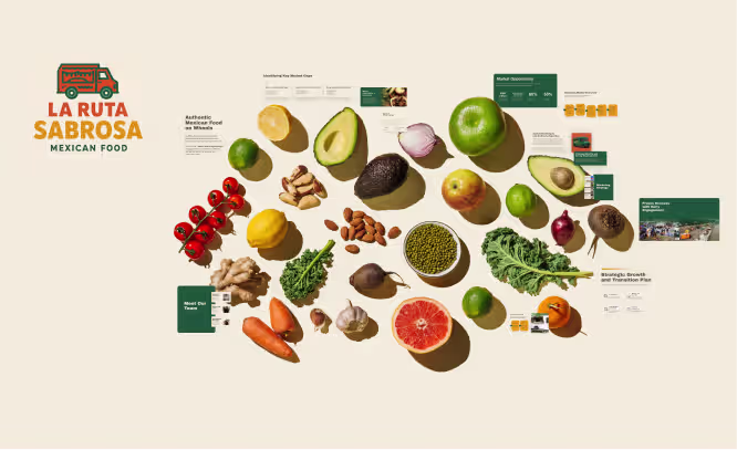 Assorted fresh Mexican food ingredients including avocado, lime, tomato, garlic, carrots, and greens arranged on a light background with informational labels and La Ruta Sabrosa logo.