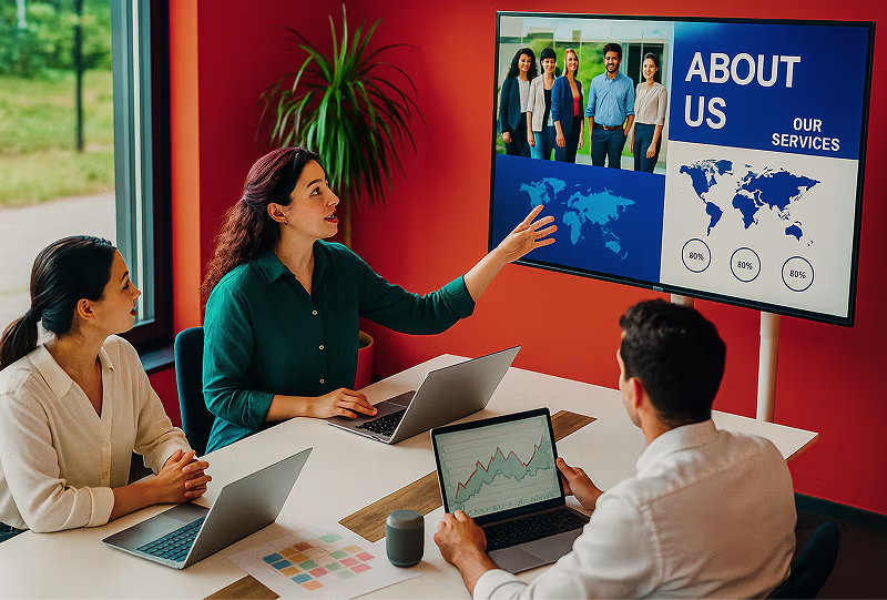 A woman presents her presentation made using Prezi to a group of fellow educators.