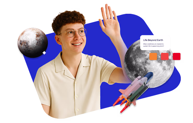 A student raises his hand to show engagement during a space lesson made with Prezi.