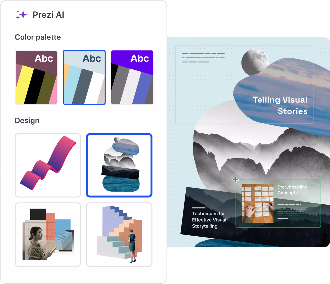A visual showcasing Prezi’s AI-powered features for creating presentations that are unlike typical slides presentations.