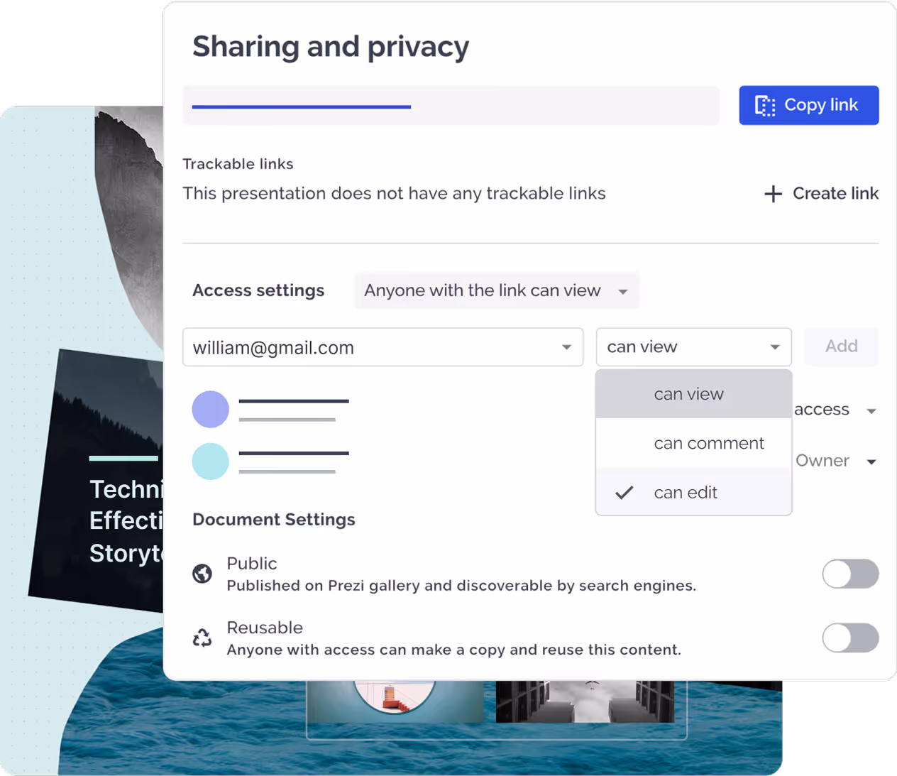 A team collaborating on a business presentation in real time with Prezi’s collaboration features.
