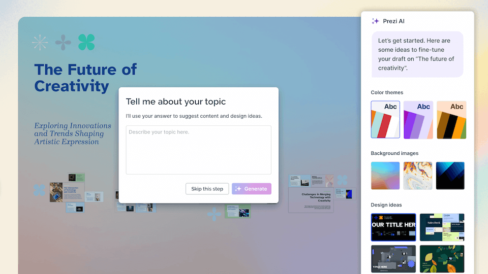 Process of adding an AI prompt, adjusting colors, and switching to presentation mode.