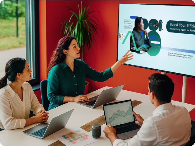 A group of colleagues working in a meeting with a Prezi presentation on the screen, showing how Prezi is beneficial business presentation tool.